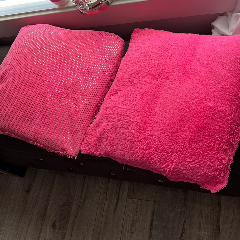 1 pillow holographic and fuzzy reversible neon pink y2k shiny sparkly furry